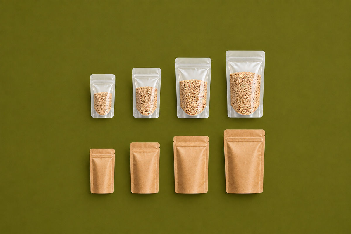 SAMPLE PACK | CLEAR & KRAFT Stand Up Pouch | Certified AS5810 Home Compostable Film | NZ MADE