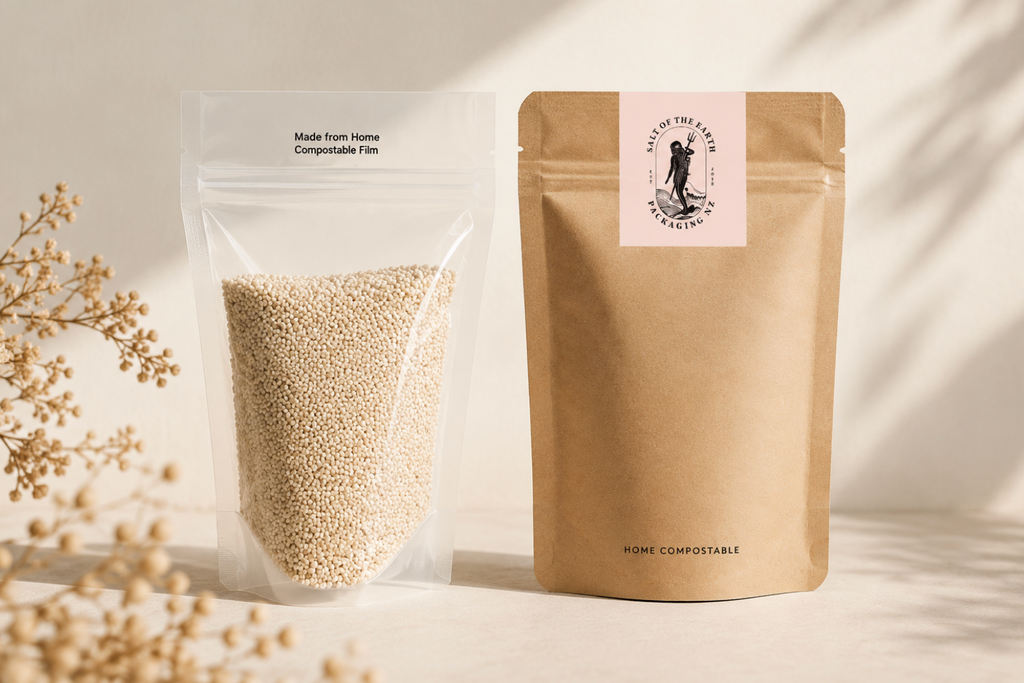 SAMPLE PACK | CLEAR & KRAFT Stand Up Pouch | Certified AS5810 Home Compostable Film | NZ MADE