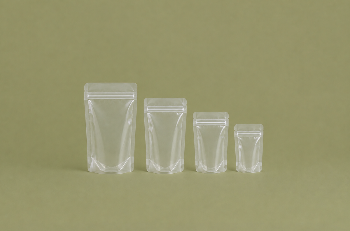 SAMPLE PACK | CLEAR Stand Up Pouch | Certified AS5810 Home Compostable Film | NZ MADE